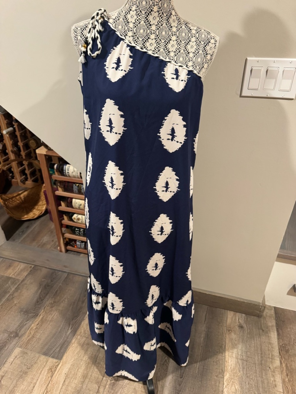 One-Shoulder Navy and White Printed Maxi Dress